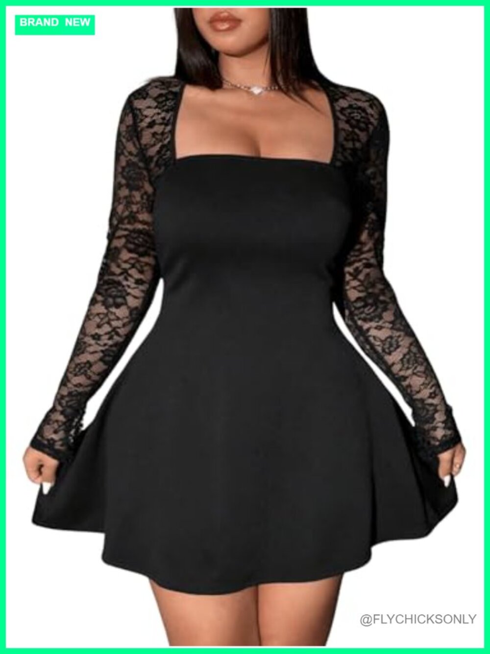 Plus Size Sheer Lace Long Sleeve Square Neck Mini Dress Flowy